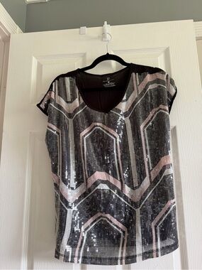 New York & Company Brown Sequined Scoop Neck Top